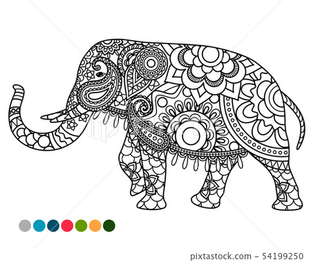Elephant mandala ornament with colors samples 54199250