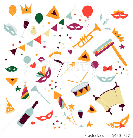 Vector illustration Happy Purim carnival set of Vector illustration Happy Purim carnival set of 54201797