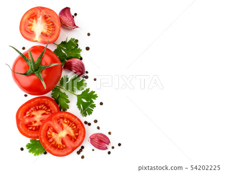 Ripe tomatoes, greens, garlic and pepper peas on 54202225