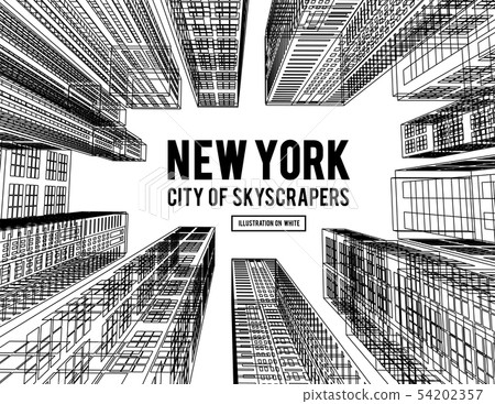 New York is a city of skyscrapers. Vector illustration in the drawing style on a white. View of the New York is a city of skyscrapers. Vector illustration in the drawing style on a white. View of the 54202357