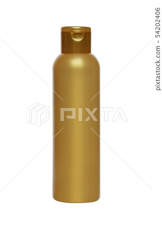 golden bottle of cosmetic, cleanser on white background 54202406