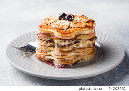 Pancake cake with bananas and berry syrup, Pancake cake with bananas and berry syrup, 54202662
