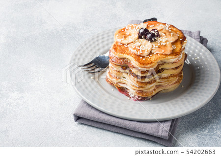 Pancake cake with bananas and berry syrup, Pancake cake with bananas and berry syrup, 54202663