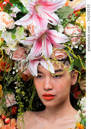 Wreath of flowers background in Rose Woman Asian Wreath of flowers background in Rose Woman Asian 54208535
