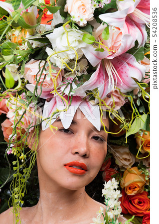Wreath of flowers background in Rose Woman Asian Wreath of flowers background in Rose Woman Asian 54208536