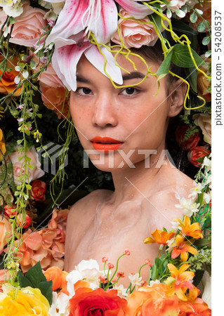 Wreath of flowers background in Rose Woman Asian Wreath of flowers background in Rose Woman Asian 54208537