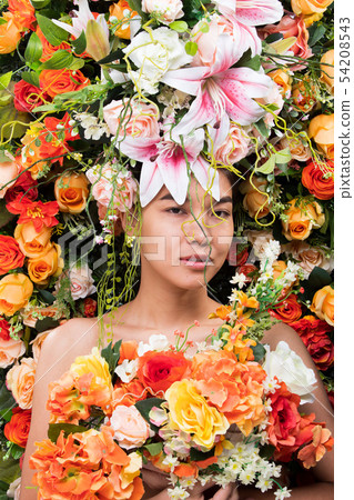 Wreath of flowers background in Rose Woman Asian Wreath of flowers background in Rose Woman Asian 54208543