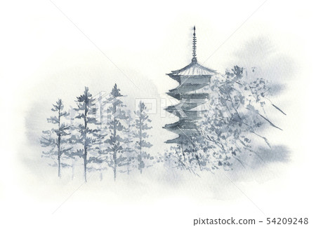 五層塔墨水畫水墨畫 54209248