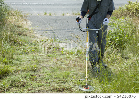Mowing, weeding image Men with mower faceless 54216070
