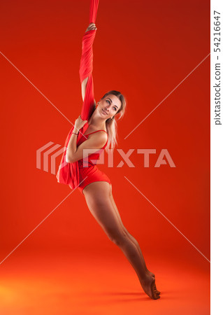 A young blonde girl with long hair in a red suit performs gymnastic and exercises on silk. A young blonde girl with long hair in a red suit performs gymnastic and exercises on silk. 54216647