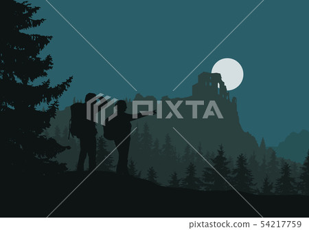 Two tourists go to castle ruins, green forest 54217759