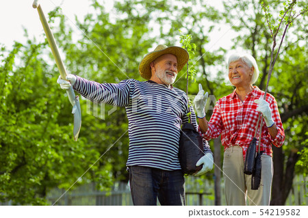 Cheerful couple of retired husband and wife talking before planting trees Cheerful couple of retired husband and wife talking before planting trees 54219582
