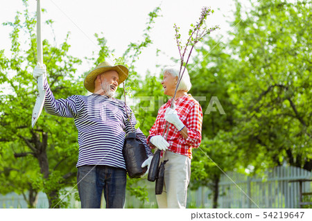 Pensioners laughing before planting trees near their cottage Pensioners laughing before planting trees near their cottage 54219647