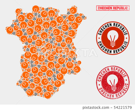 Electric Bulb Mosaic Chechen Republic Map and Rubber Stamps 54221579