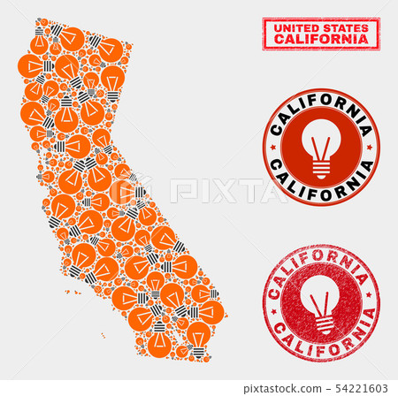 Electric Lamp Mosaic California State Map and Rubber Stamps 54221603
