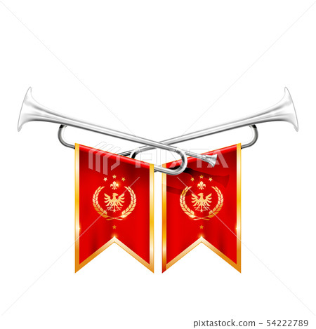 Two crossed royal trumpets, silver horn, triumph 54222789