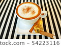 Hot cappuccino coffee in the cup on wood table. 54223116