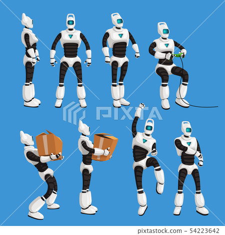 robot in different poses in set on blue background 54223642