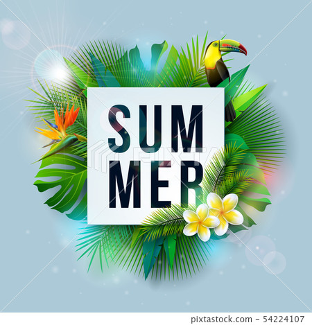 Vector Summer Holiday Illustration with Flower and Tropical Palm Leaves on Ocean Blue Background Vector Summer Holiday Illustration with Flower and Tropical Palm Leaves on Ocean Blue Background 54224107