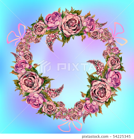 A garland of watercolor flowers. Peonies roses 54225345