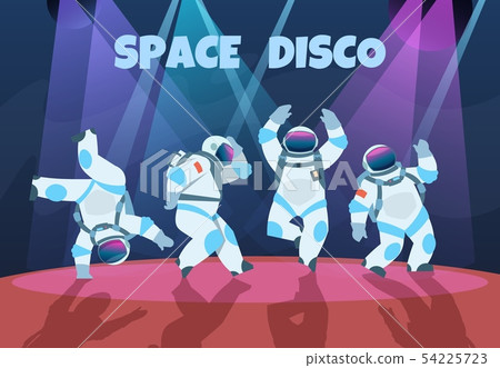 Party astronauts. Retro dancing spaceman, disco entertainment poster with pop art cosmonaut. Vector Party astronauts. Retro dancing spaceman, disco entertainment poster with pop art cosmonaut. Vector 54225723