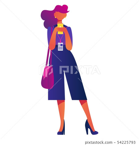 Young woman with badge and smartphone standing and 54225793