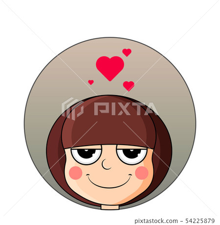 Head of cute girl with hearts over head. Smug expression. 54225879