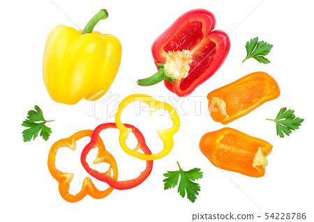 red yellow orange sweet bell pepper isolated on white background. Top view. Flat lay 54228786