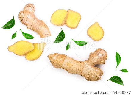 fresh Ginger root and slice isolated on white background. Top view. Flat lay fresh Ginger root and slice isolated on white background. Top view. Flat lay 54228787
