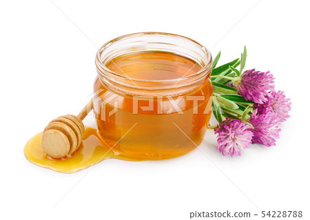 Honey with clover flowers isolated on white background. Honey with clover flowers isolated on white background. 54228788
