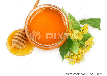 Honey with linden flowers isolated on white background. 54228790