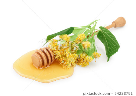 Honey with linden flowers isolated on white background. Honey with linden flowers isolated on white background. 54228791
