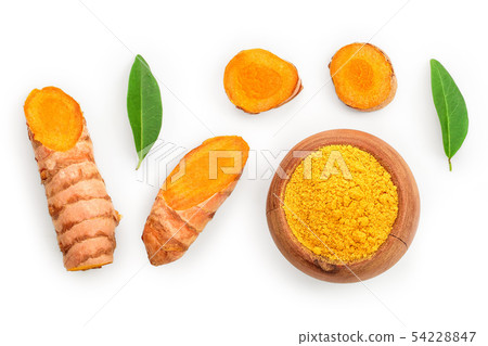 Turmeric powder and turmeric root isolated on white background with copy space for your text. Top 54228847