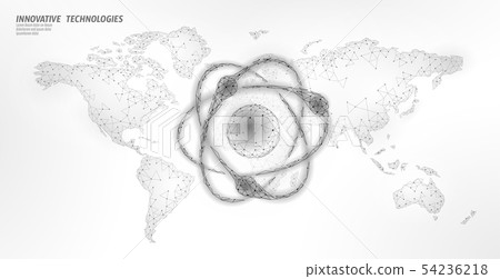 Atom particle sigh on world map. Nuclear military weapons global danger. Atonic power defence 54236218