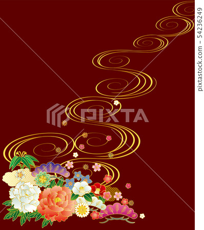 Japanese style flowers and flowing water patterns.Background material. 54236249