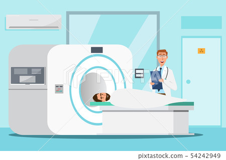 doctor standing and man lying down for x-ray with 54242949