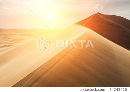 High sand dunes in the rays of evening sun High sand dunes in the rays of evening sun 54243416