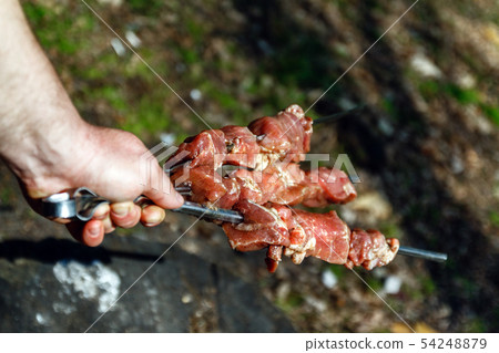 man holds in his hands a skewer with raw meat, 54248879