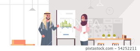 arabic coworkers presenting financial graph on flip chart board business couple arab man woman at 54252211