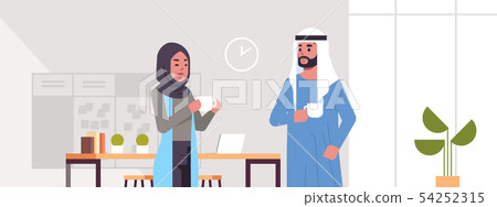 arabic businesspeople couple drinking cappuccino arab business man woman discussing during meeting 54252315