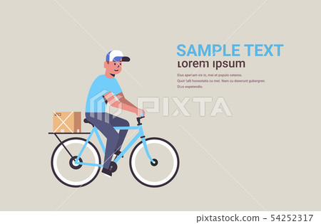postman in uniform riding bicycle carrying cardboard parcel box courier express delivery service 54252317