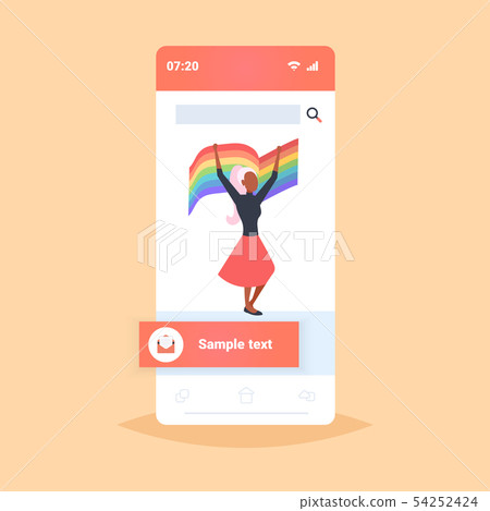 woman holding rainbow flag love parade lgbt pride festival concept smartphone screen online mobile 54252424