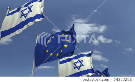 Flags of Israel and the European Union at international meeting, 3D rendering Flags of Israel and the European Union at international meeting, 3D rendering 54253298