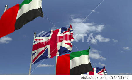 Flags of the UAE and the United Kingdom at international meeting, 3D rendering Flags of the UAE and the United Kingdom at international meeting, 3D rendering 54253562