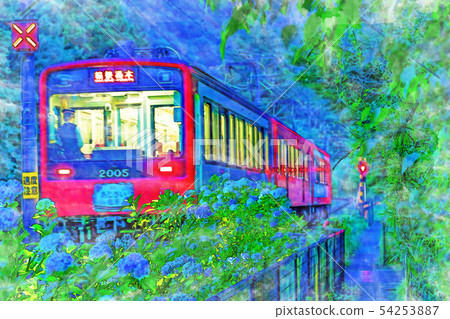 [Watercolor style] Landscape of Hakone Tozan Railway and hydrangea 54253887