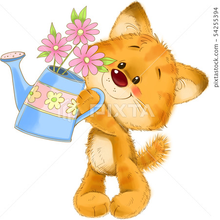 The cute red striped kitten with watering can, flower, greeting card illustration 54255394