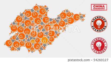 Light Lamp Mosaic Shandong Province Map and Grunge Stamps 54260127