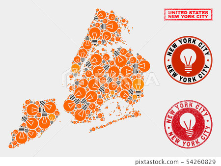 Illumination Bulb Mosaic New York City Map and Textured Stamp Seals 54260829