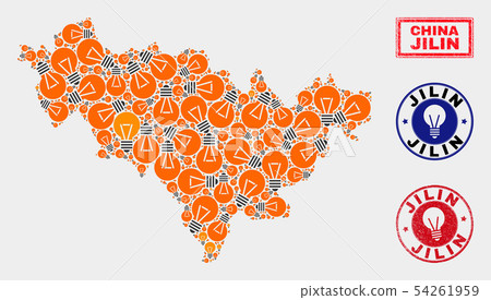 Electric Bulb Collage Jilin Province Map and Scratched Stamps Electric Bulb Collage Jilin Province Map and Scratched Stamps 54261959