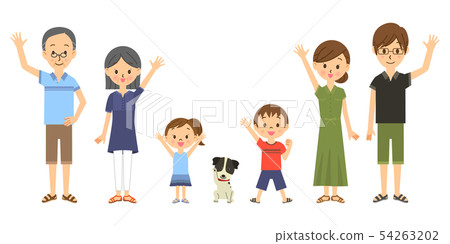 Three generations family and pet waving side by side Three generations family and pet waving side by side 54263202